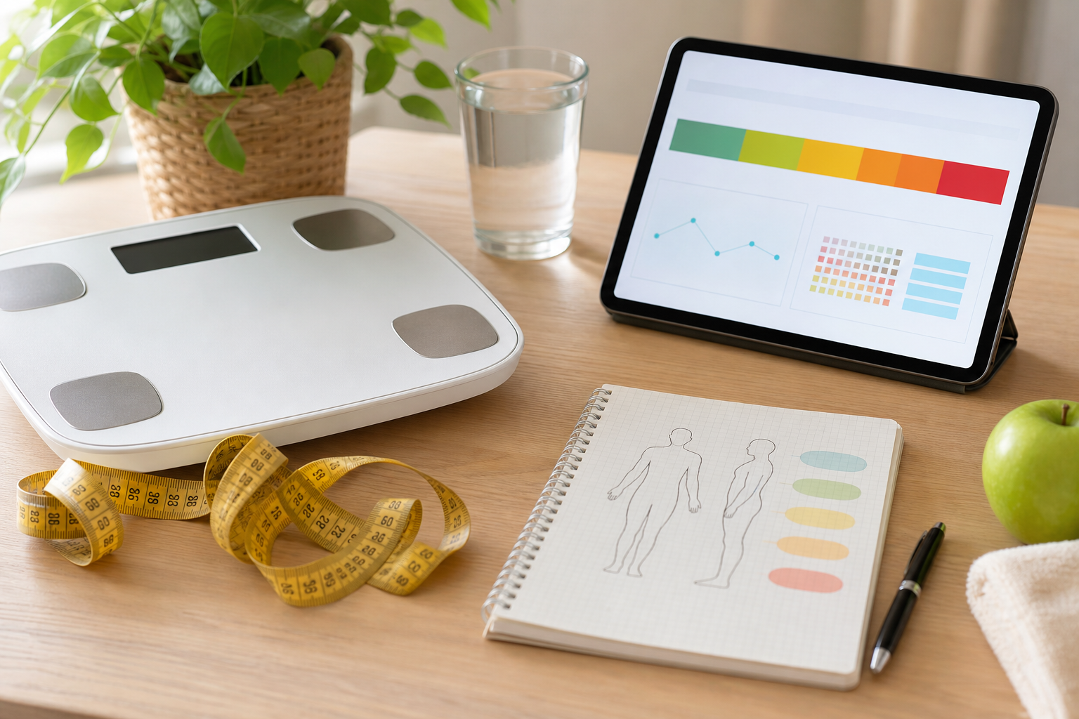 Health desk with digital scale, measuring tape, tablet, and BMI range chart