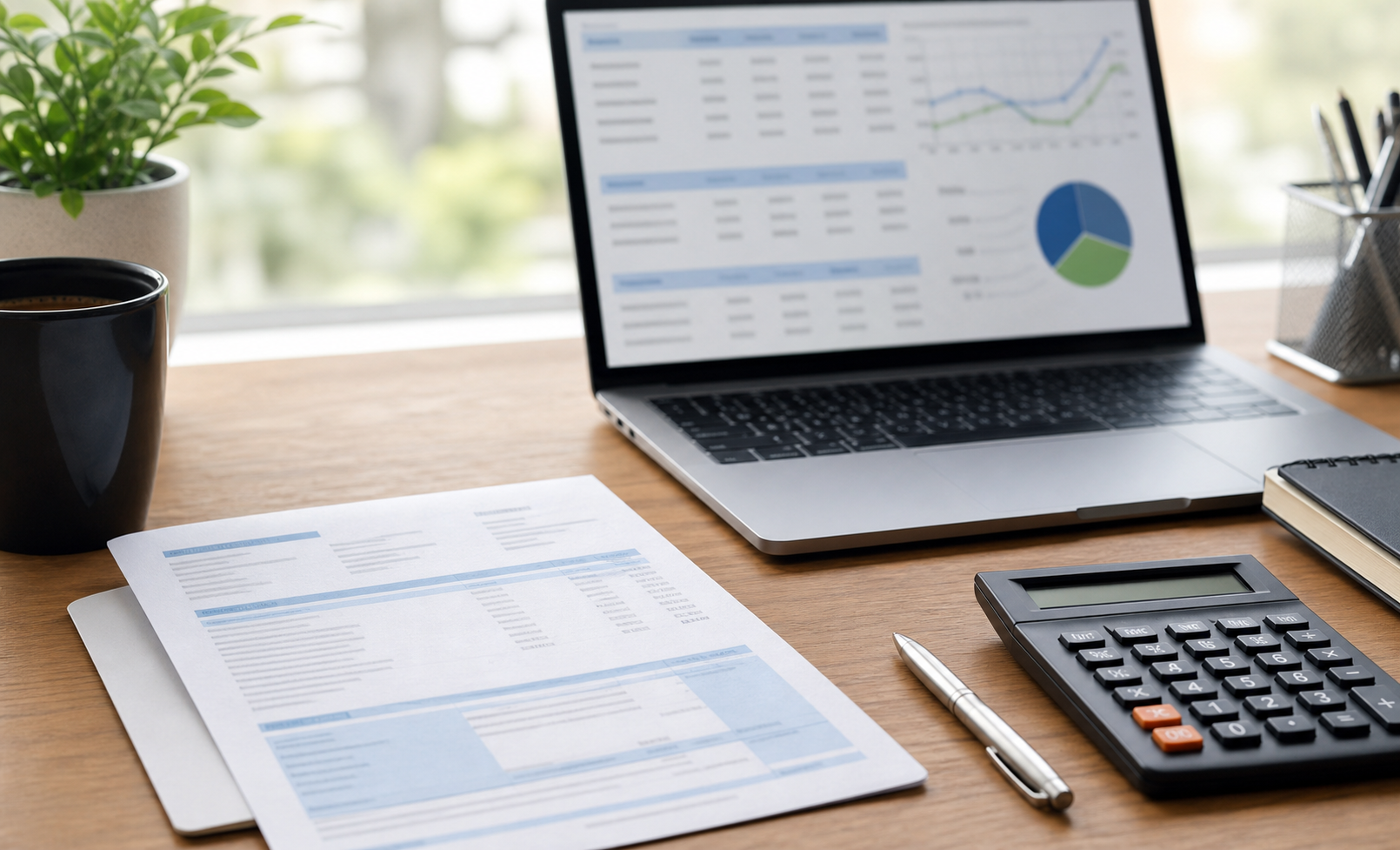 Desk with laptop, pay stub, calculator, and gross pay versus net pay notes