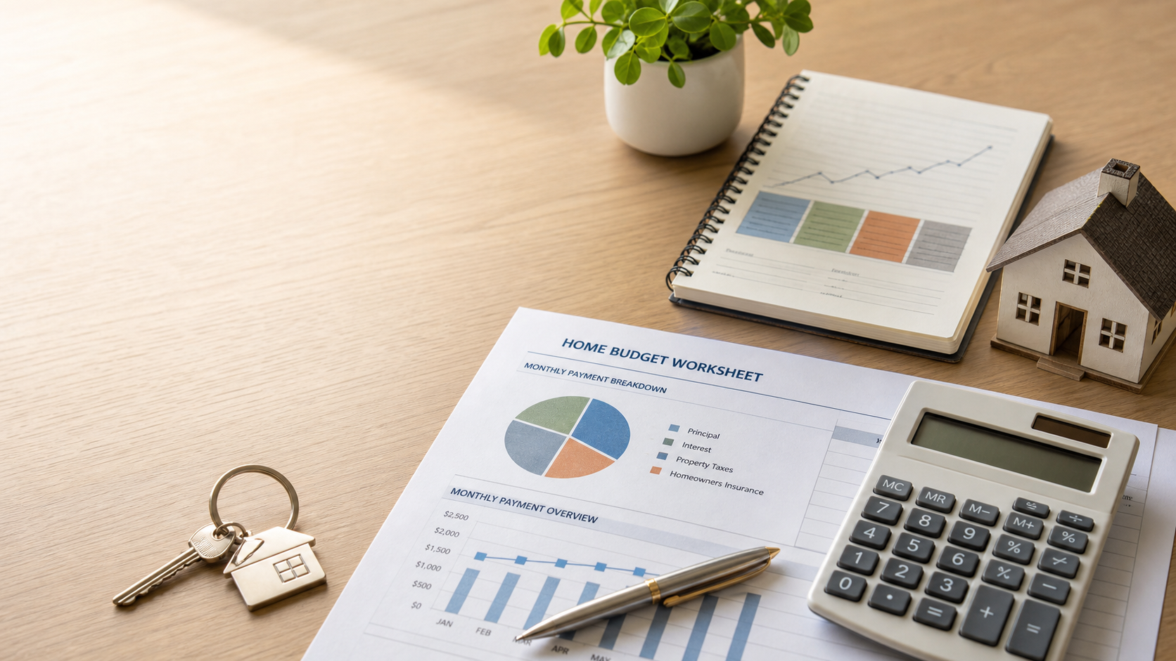 Mortgage planning papers and calculator on a clean desk