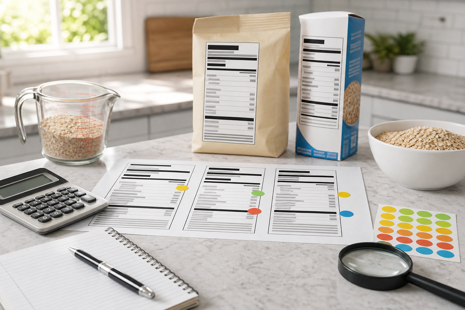 Kitchen counter with nutrition labels, calculator, notebook, and Percent Daily Value guide