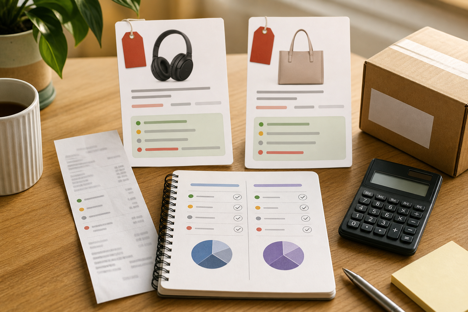 Shopping comparison desk with sale cards, receipt, calculator, and total cost notes